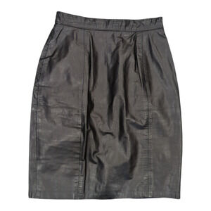 Vintage 80s 90s G III Black Genuine Real Leather Midi Skirt Women Sz 8 Made USA